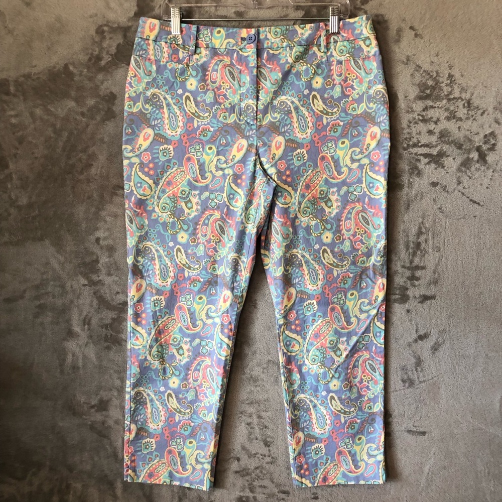 Talbots Paisley Cropped Chino Women Pants Size 14 Pastel Colors Split-Hem